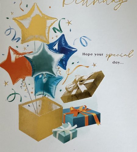 Male Happy Birthday Card Balloons & Present design
